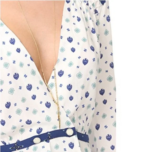 Free People Mixed Media Blue Geo Print Wrap Surplice Plunge Ruffle Blouse Top - Picture 5 of 9